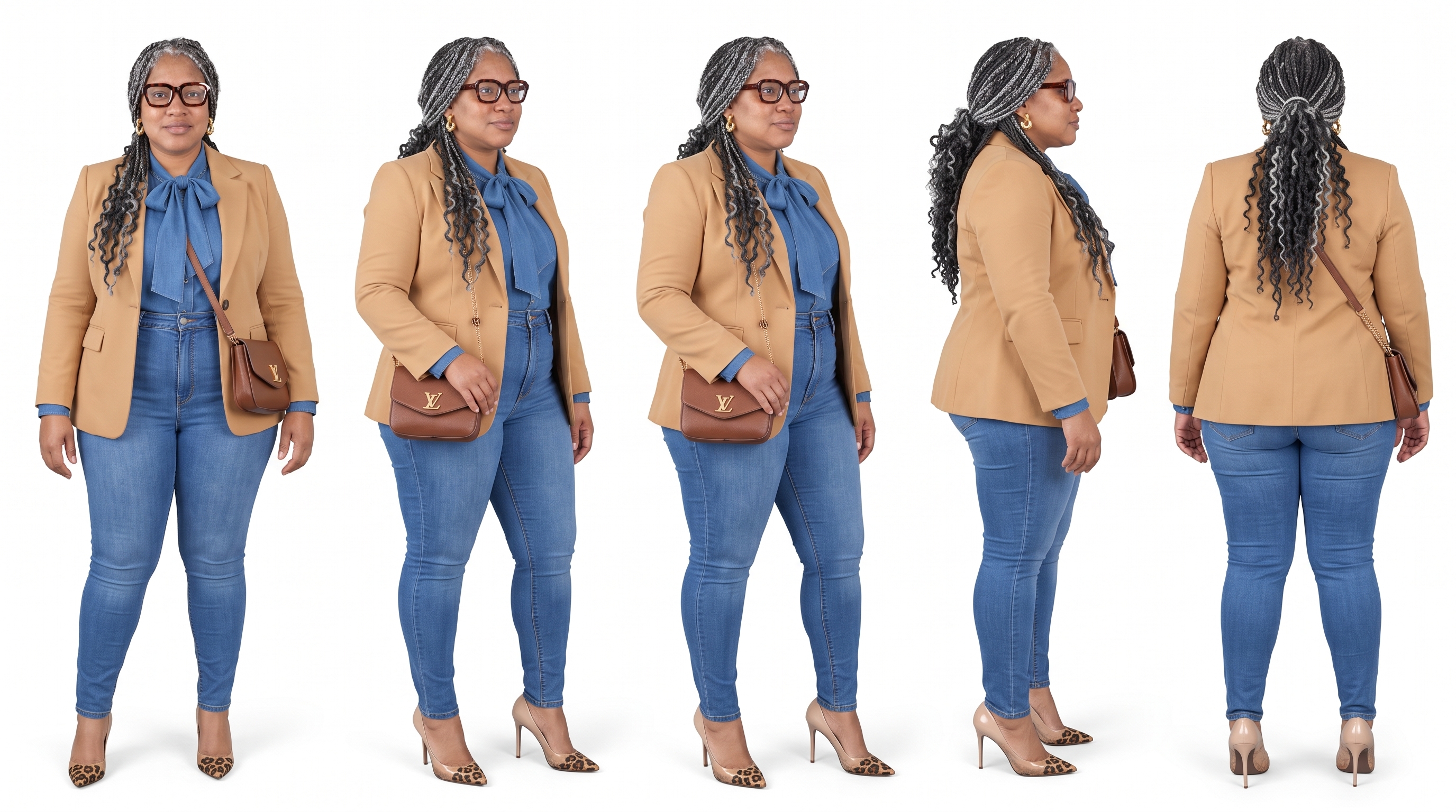 Lady Hale full-body character reference sheet: front, three-quarter left, three-quarter right, side profile, and back views in camel blazer, chambray bow blouse, jeans, and leopard pumps on a white background